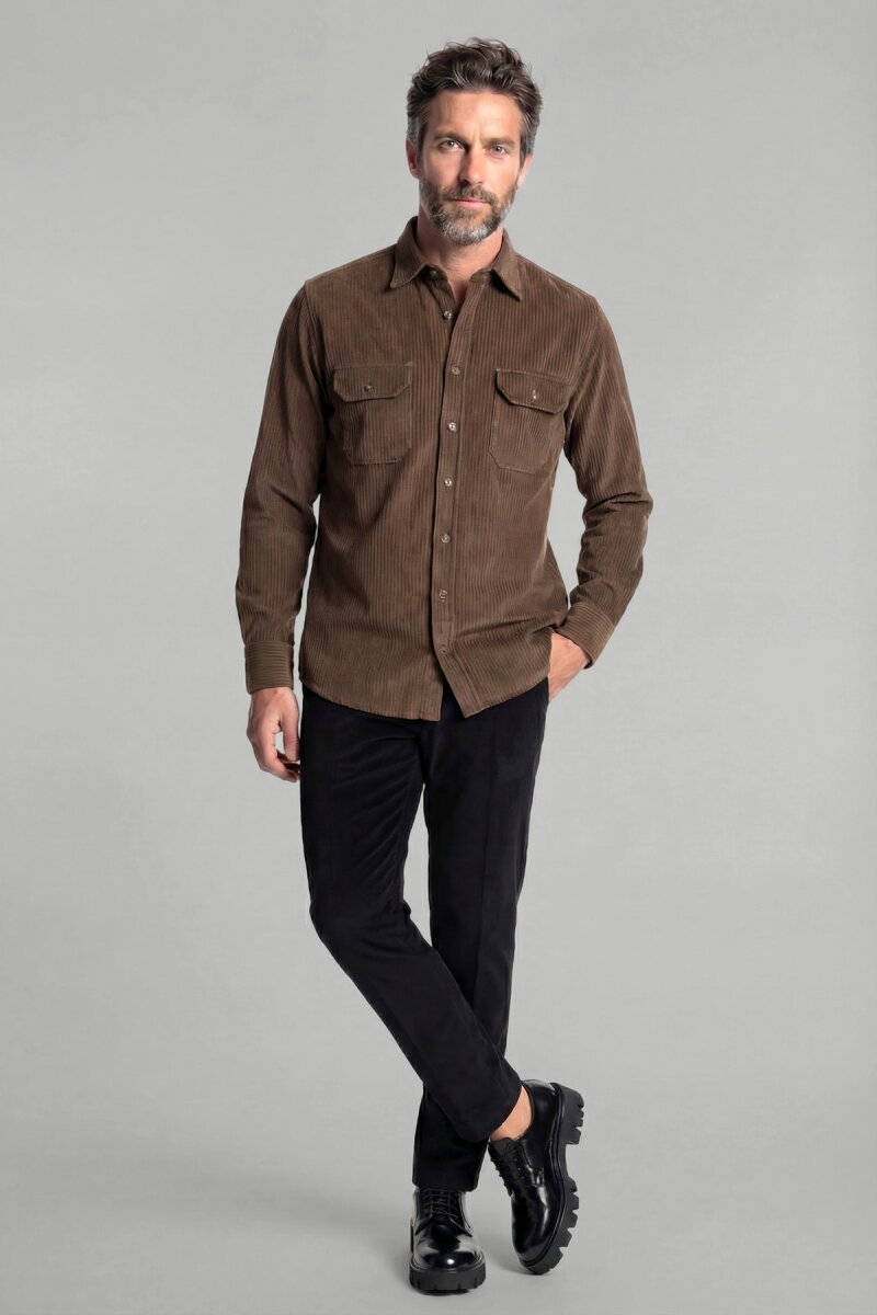 Regular Fit Kadife Pamuk Kahve Erkek Gömlek - 3