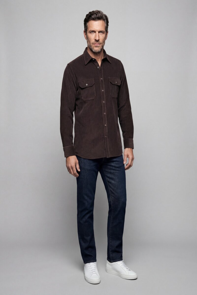 Regular Fit Kadife Pamuk Koyu Kahve Erkek Gömlek - 5