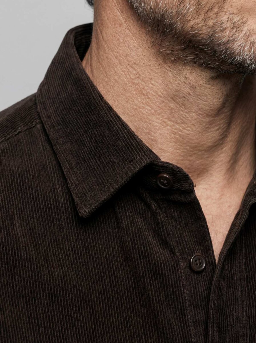 Regular Fit Kadife Pamuk Koyu Kahve Erkek Gömlek - 3
