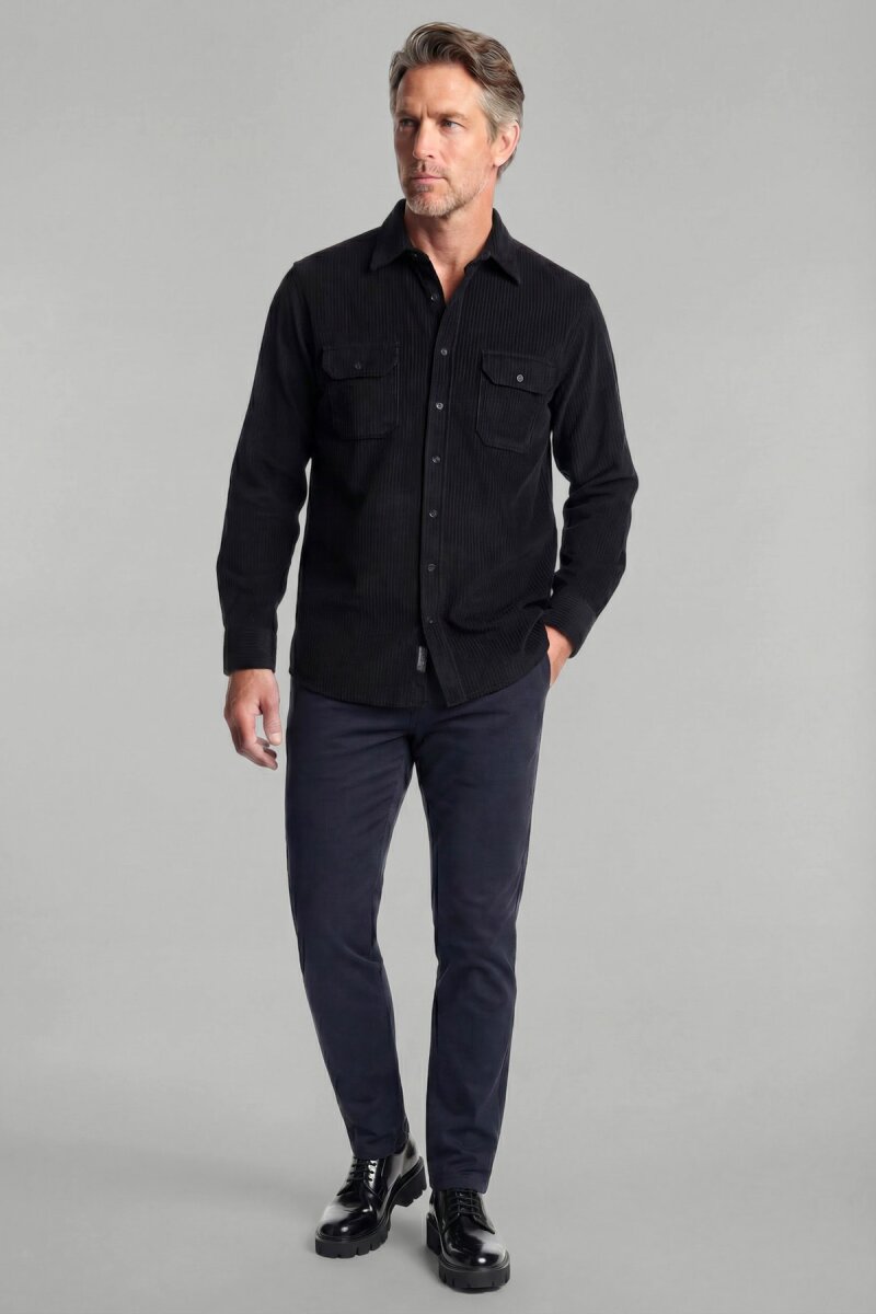 Regular Fit Kadife Pamuk Siyah Erkek Gömlek - 3
