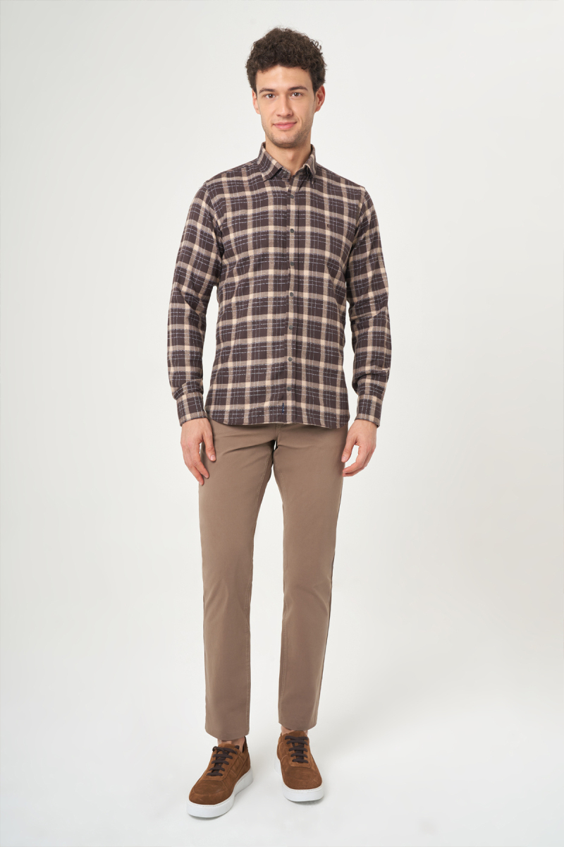 Regular Fit Kahve Flanel Çıtçıtlı Erkek Gömlek - 5