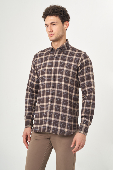 Regular Fit Kahve Flanel Çıtçıtlı Erkek Gömlek