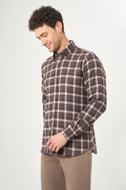 Regular Fit Kahve Flanel Çıtçıtlı Erkek Gömlek - 4
