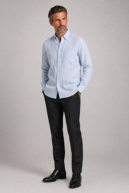 Açık Mavi Regular Fit Keten Gömlek - 5