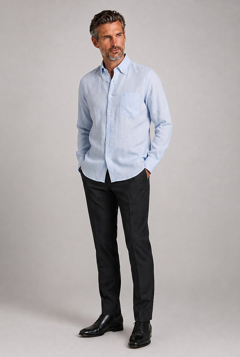Açık Mavi Regular Fit Keten Gömlek - 5