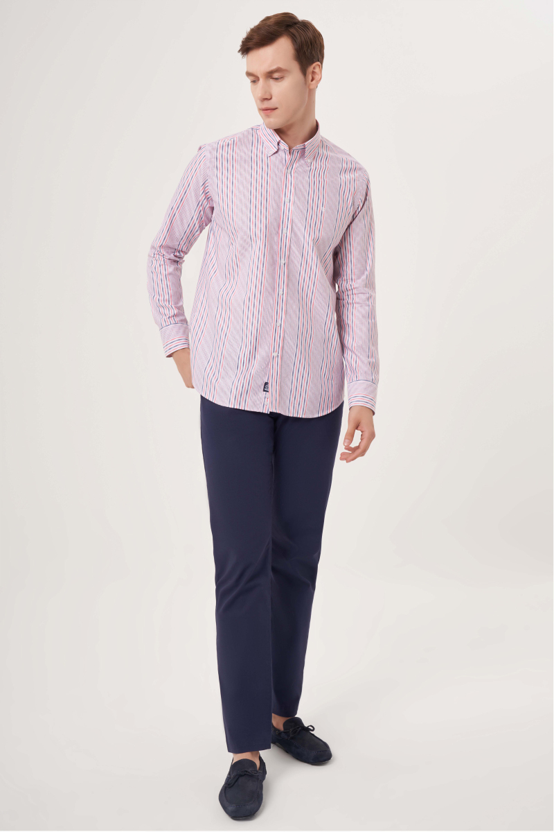 Regular Fit Kırmızı Çizgili Spor Erkek Gömlek - 4