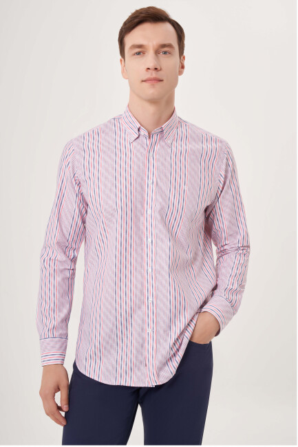 Regular Fit Kırmızı Çizgili Spor Erkek Gömlek - 1