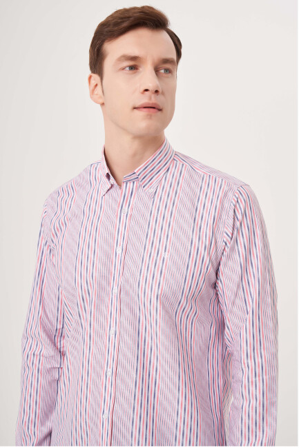 Regular Fit Kırmızı Çizgili Spor Erkek Gömlek - 3