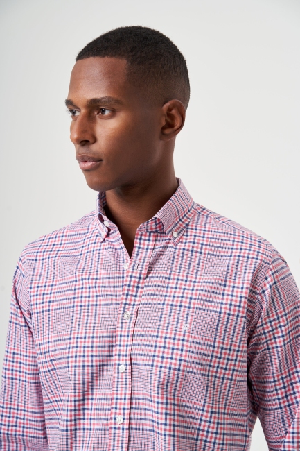 Regular Fit Kırmızı Ekoseli Paşa Yaka Spor Erkek Gömlek - 3