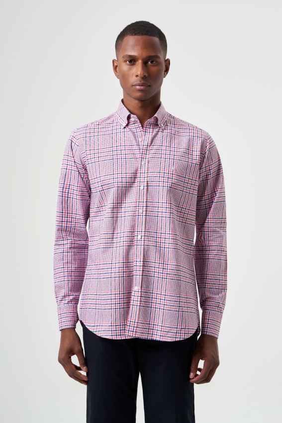 Regular Fit Kırmızı Ekoseli Paşa Yaka Spor Erkek Gömlek - 4