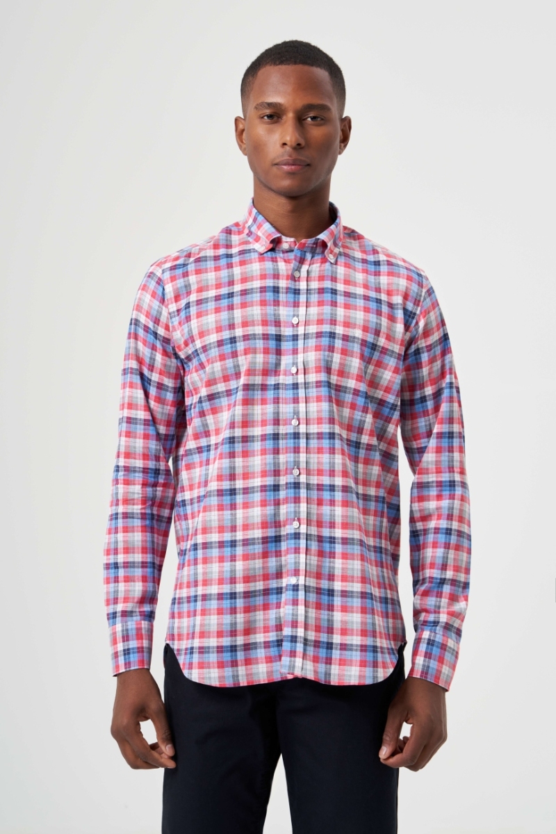 Regular Fit Kırmızı Ekoseli Paşa Yaka Yazlık Spor Erkek Gömlek - 1