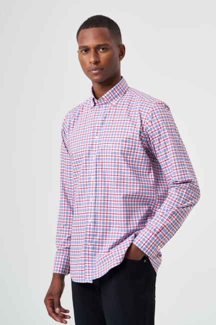 Regular Fit Kırmızı Yazlık Ekose Paşa Yaka Erkek Gömlek 