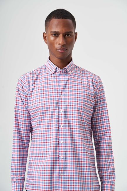 Regular Fit Kırmızı Yazlık Ekose Paşa Yaka Erkek Gömlek - 4