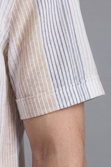 Regular Fit Kısa Kol Paşa Yaka Cepli Keten Bej Erkek Gömlek - 3