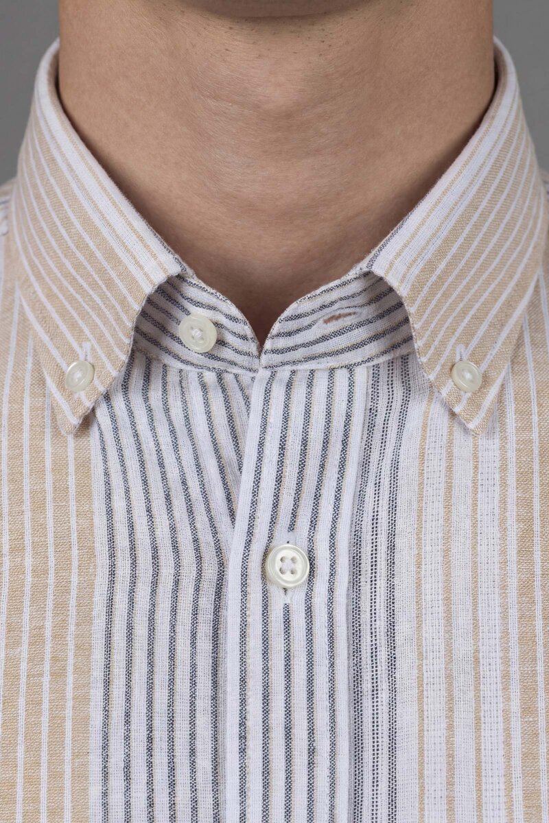 Regular Fit Kısa Kol Paşa Yaka Cepli Keten Bej Erkek Gömlek - 4