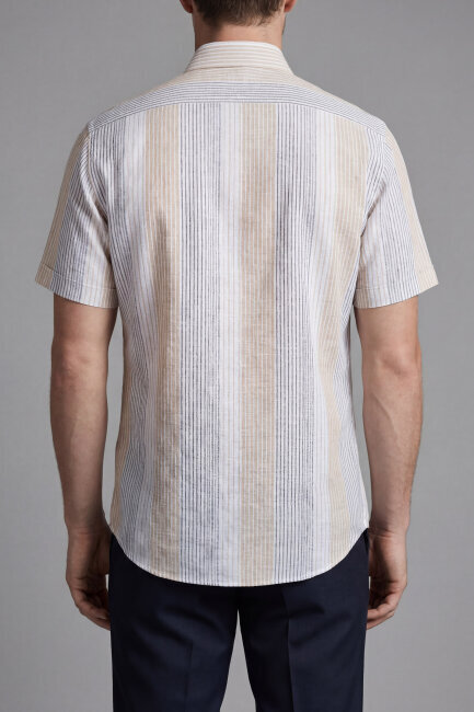 Regular Fit Kısa Kol Paşa Yaka Cepli Keten Bej Erkek Gömlek (1)