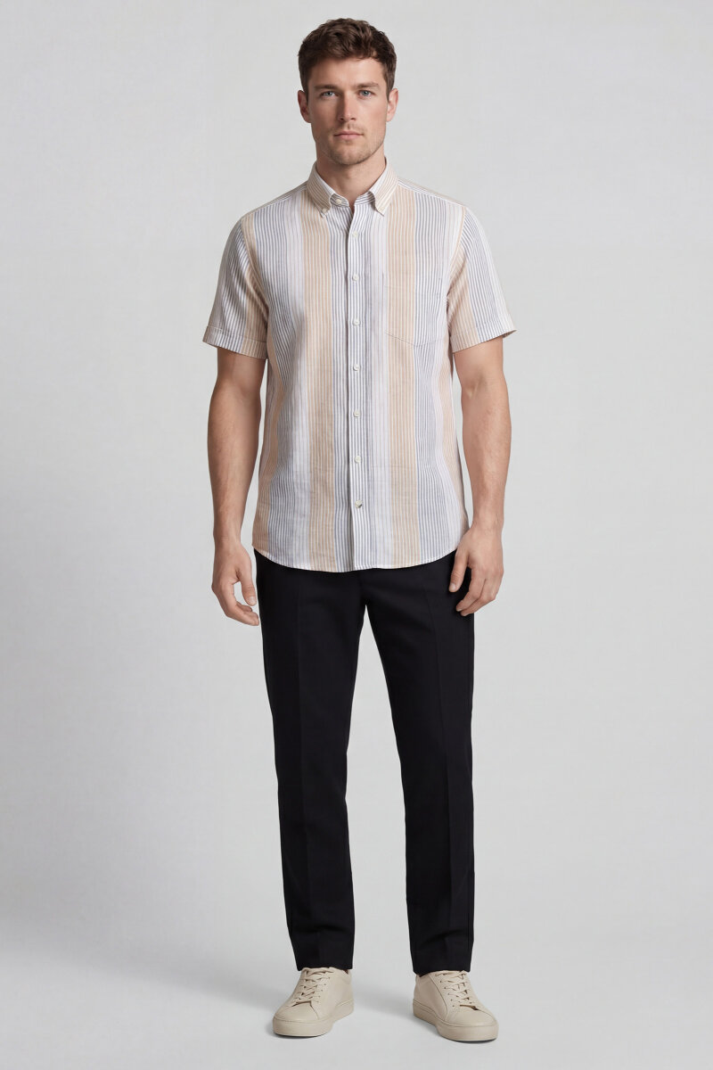 Regular Fit Kısa Kol Paşa Yaka Cepli Keten Bej Erkek Gömlek - 5