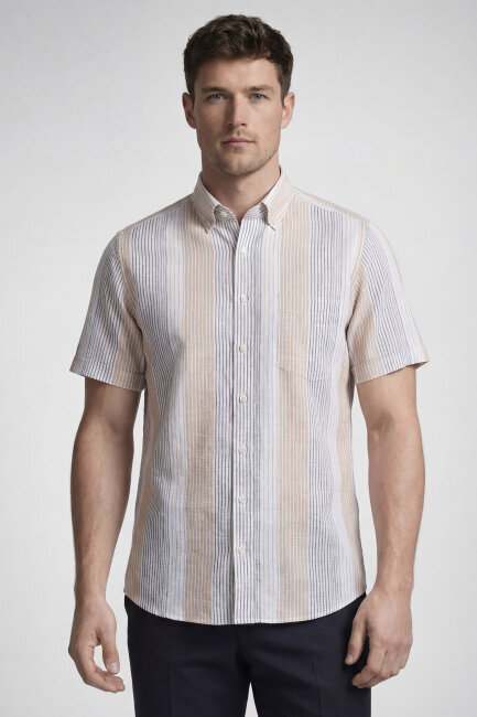 Regular Fit Kısa Kol Paşa Yaka Cepli Keten Bej Erkek Gömlek