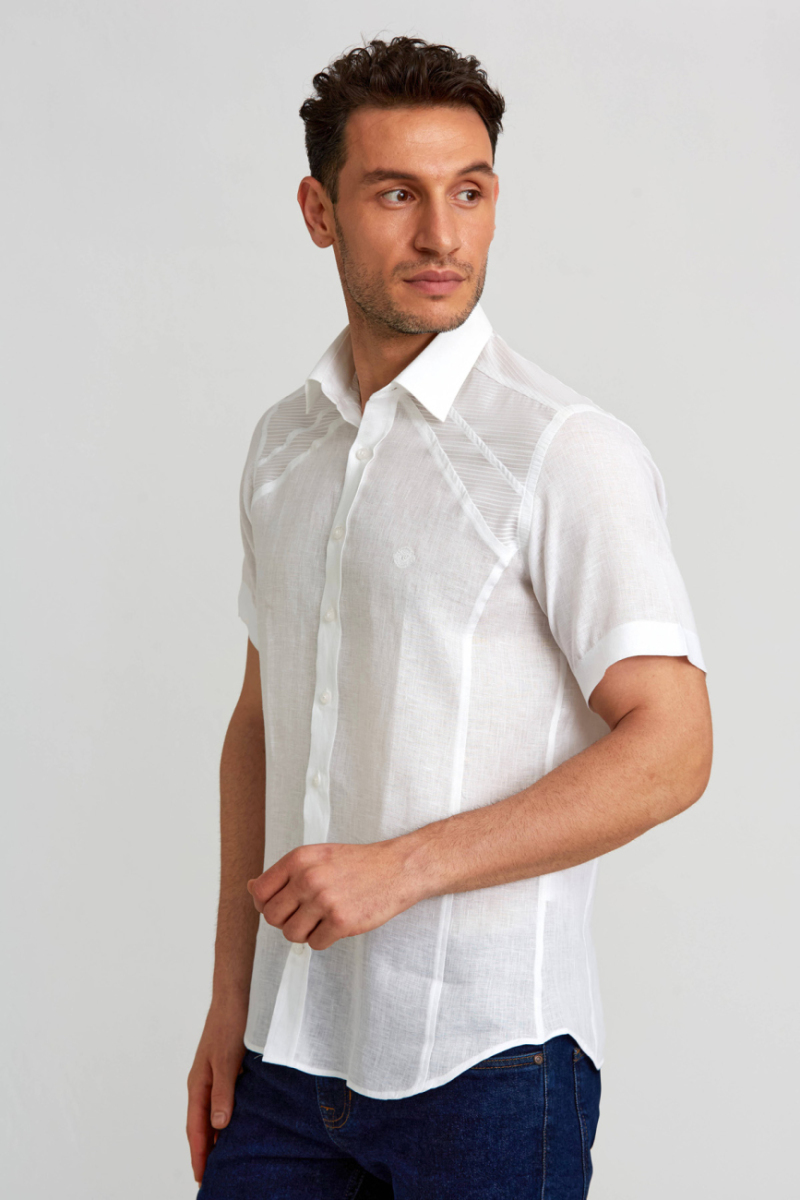 Regular Fit Kısa Kollu Beyaz Keten Erkek Gömlek - 5