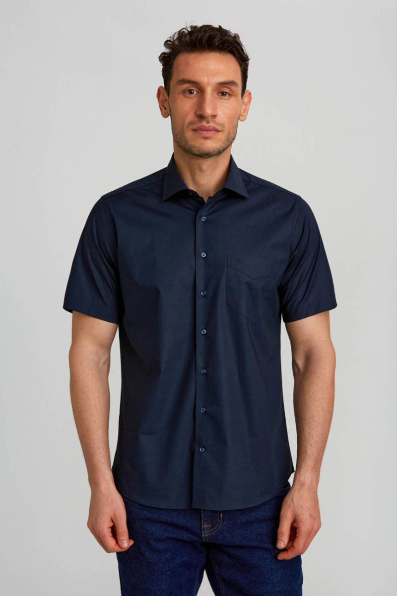 Regular Fit Kısa Kollu Lacivert Pamuk Erkek Gömlek - 1