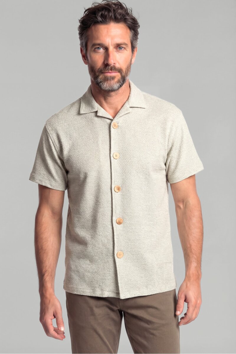 Regular Fit  Kısa Kollu Örme Cepsiz Bej Erkek Gömlek - 1