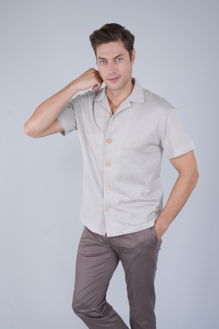 Regular Fit  Kısa Kollu Örme Cepsiz Ekru Erkek Gömlek