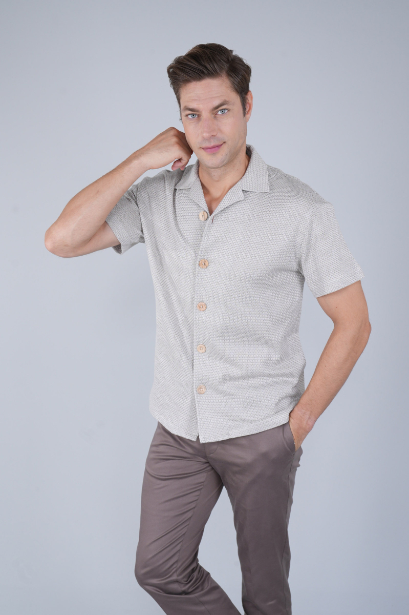 Regular Fit  Kısa Kollu Örme Cepsiz Ekru Erkek Gömlek