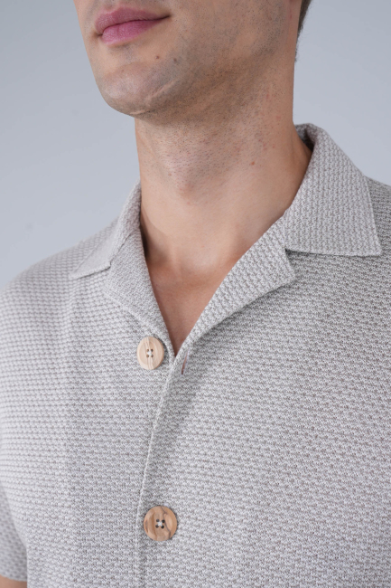 Regular Fit  Kısa Kollu Örme Cepsiz Ekru Erkek Gömlek - 3