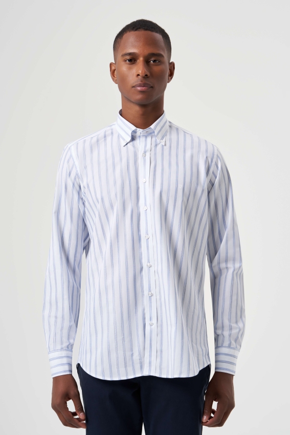 Regular Fit Klasik Çizgili Mavi Erkek Gömlek
