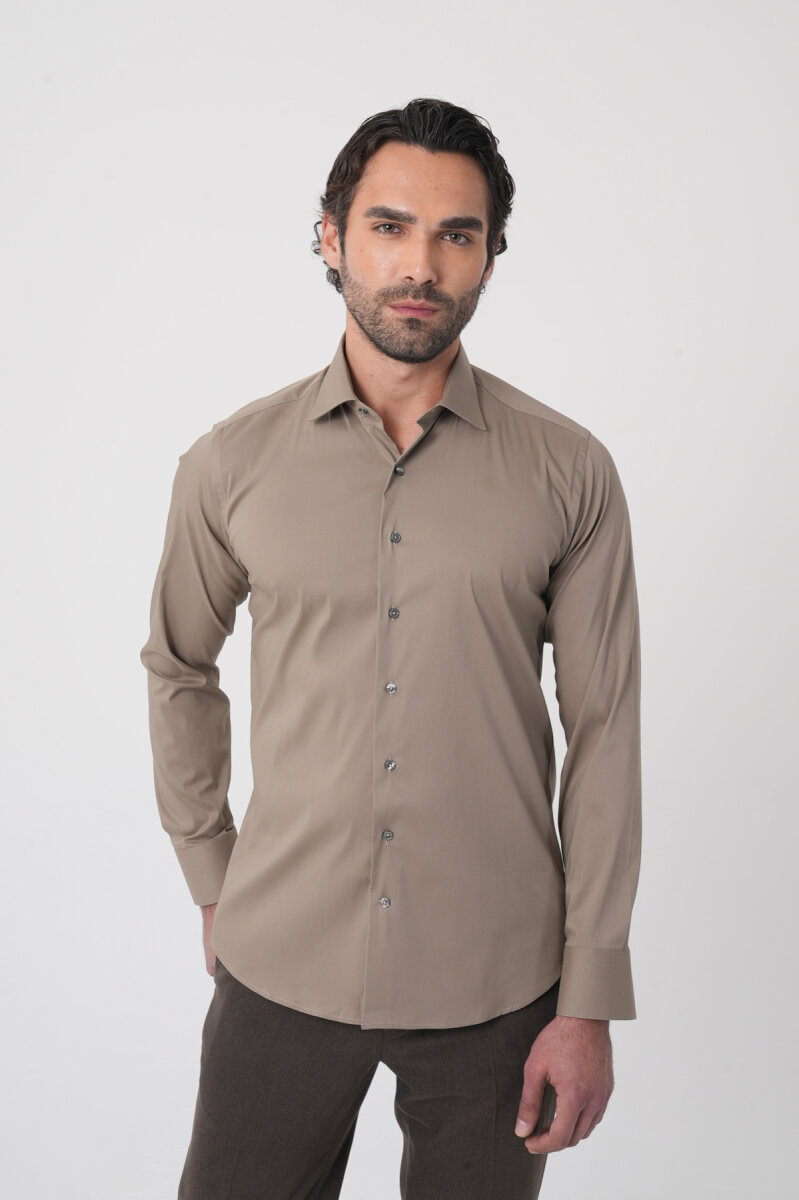 Regular Fit Klasik Yaka Cepsiz Açık Kahve Erkek Gömlek (1)