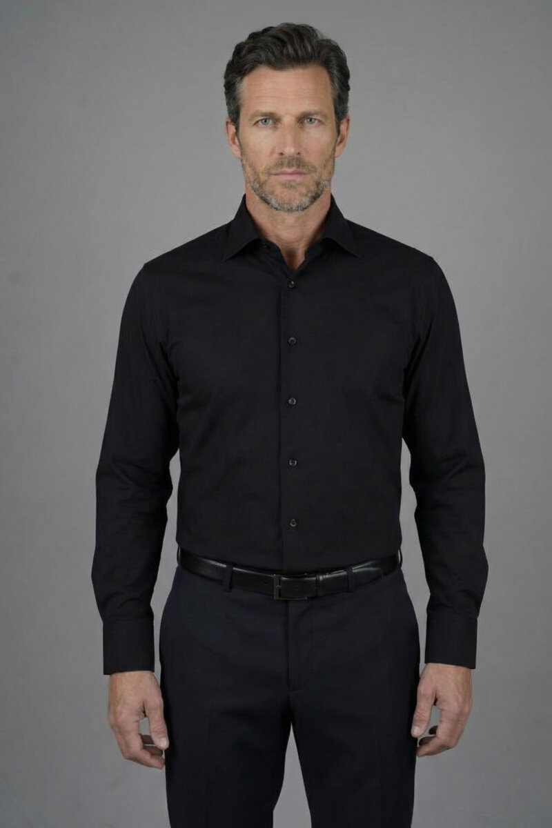 Regular Fit Klasik Yaka Cepsiz Siyah Erkek Gömlek - 1