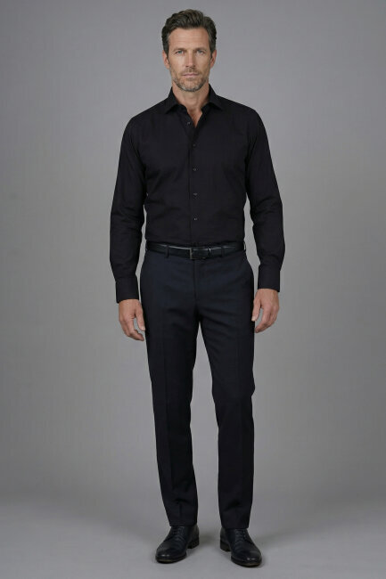 Regular Fit Klasik Yaka Cepsiz Siyah Erkek Gömlek - 4