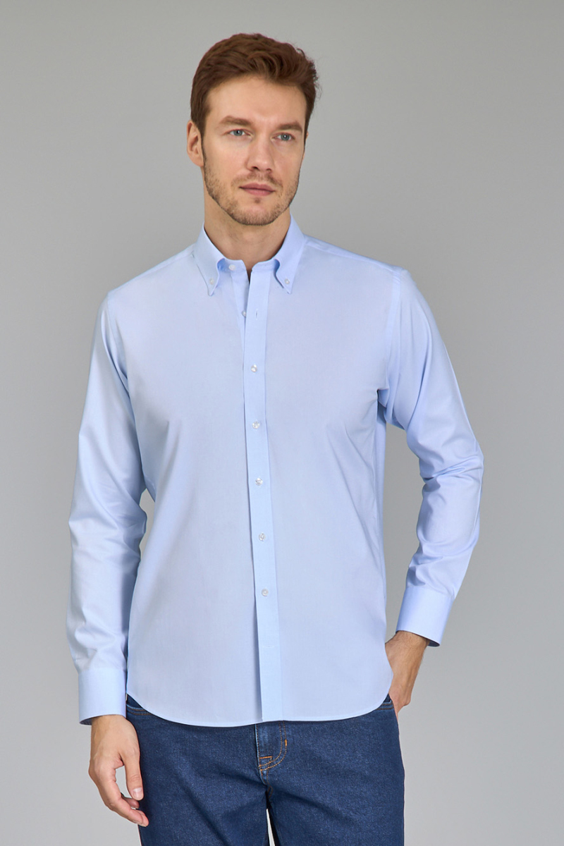 Regular Fit Klasik Yaka Düğmeli Açık Mavi Erkek Gömlek - 5