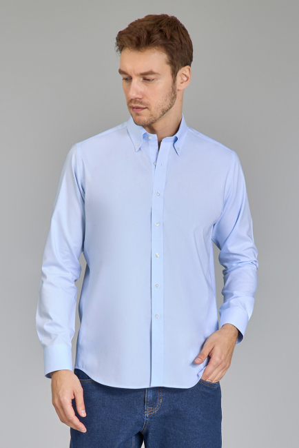 Regular Fit Klasik Yaka Düğmeli Açık Mavi Erkek Gömlek