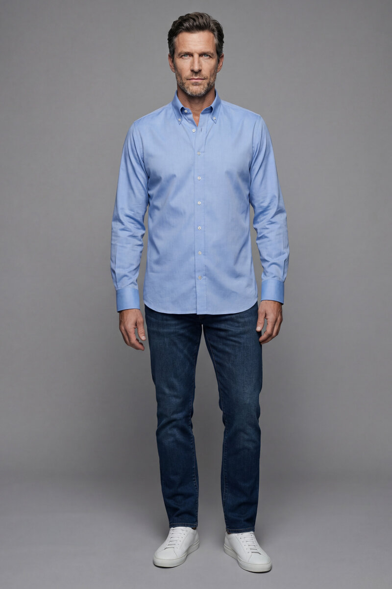 Regular Fit Klasik Yaka Düğmeli Mavi Erkek Gömlek - 3