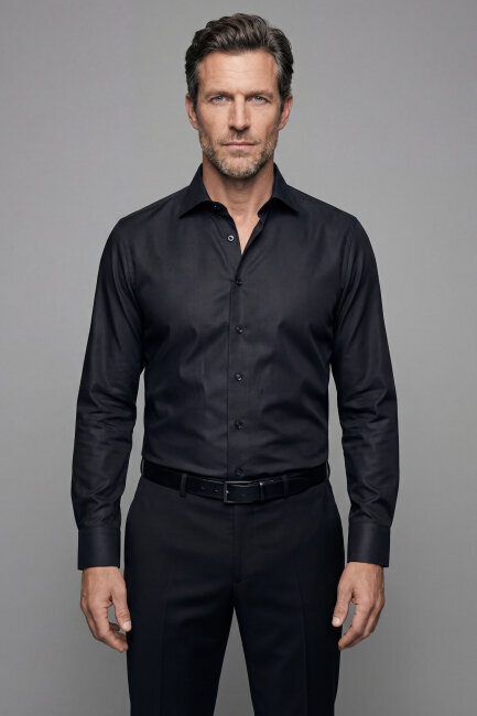 Regular Fit Klasik Yaka Siyah Cepsiz Erkek Gömlek - 1