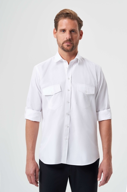 Regular Fit Kol İçi Apoletli Beyaz Basic Erkek Gömlek - 1