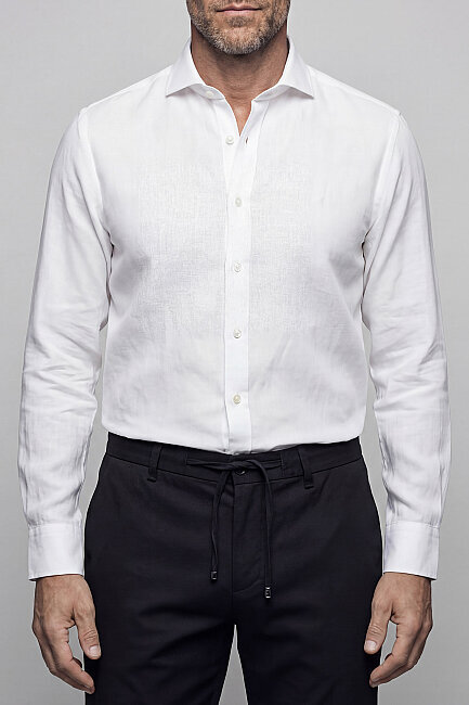 Regular Fit Kol İçi Apoletli Keten Beyaz Erkek Gömlek - 1