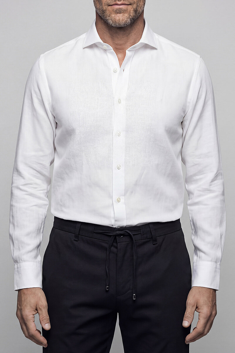Regular Fit Kol İçi Apoletli Keten Beyaz Erkek Gömlek - 1