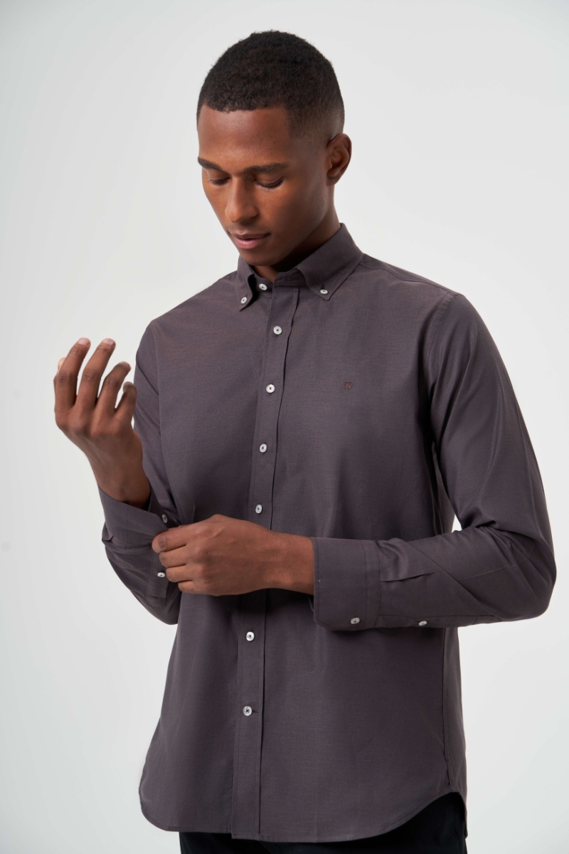 Regular Fit Koyu Kahve Basic Erkek Gömlek - 4
