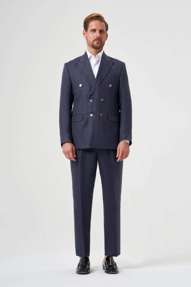 Regular Fit Lacivert Erkek Pamuk Keten Takım Elbise