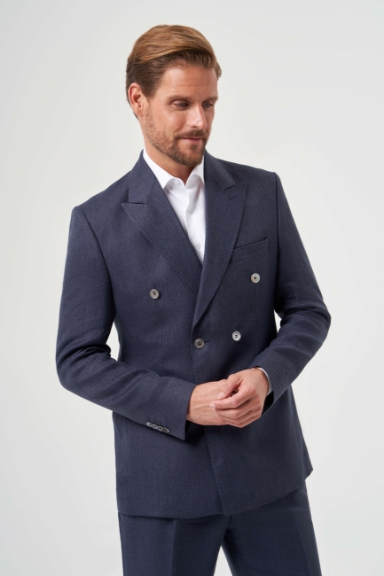 Regular Fit Lacivert Erkek Pamuk Keten Takım Elbise - 6