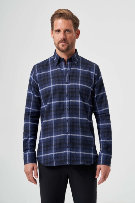 Regular Fit Lacivert Flanel Basic Erkek Gömlek - 4