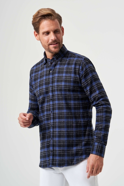Regular Fit Lacivert Flanel Çıtçıtlı Erkek Gömlek