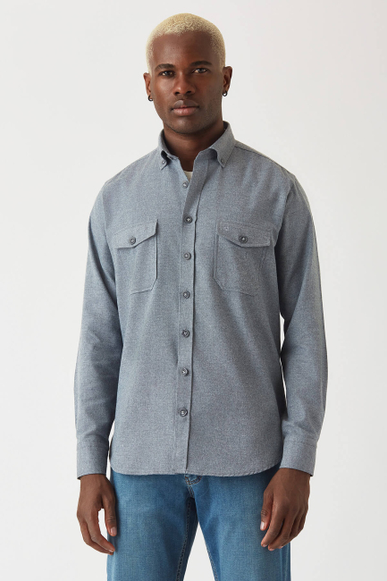 Regular Fit Lacivert Flanel Paşa Yaka Erkek Gömlek - 3