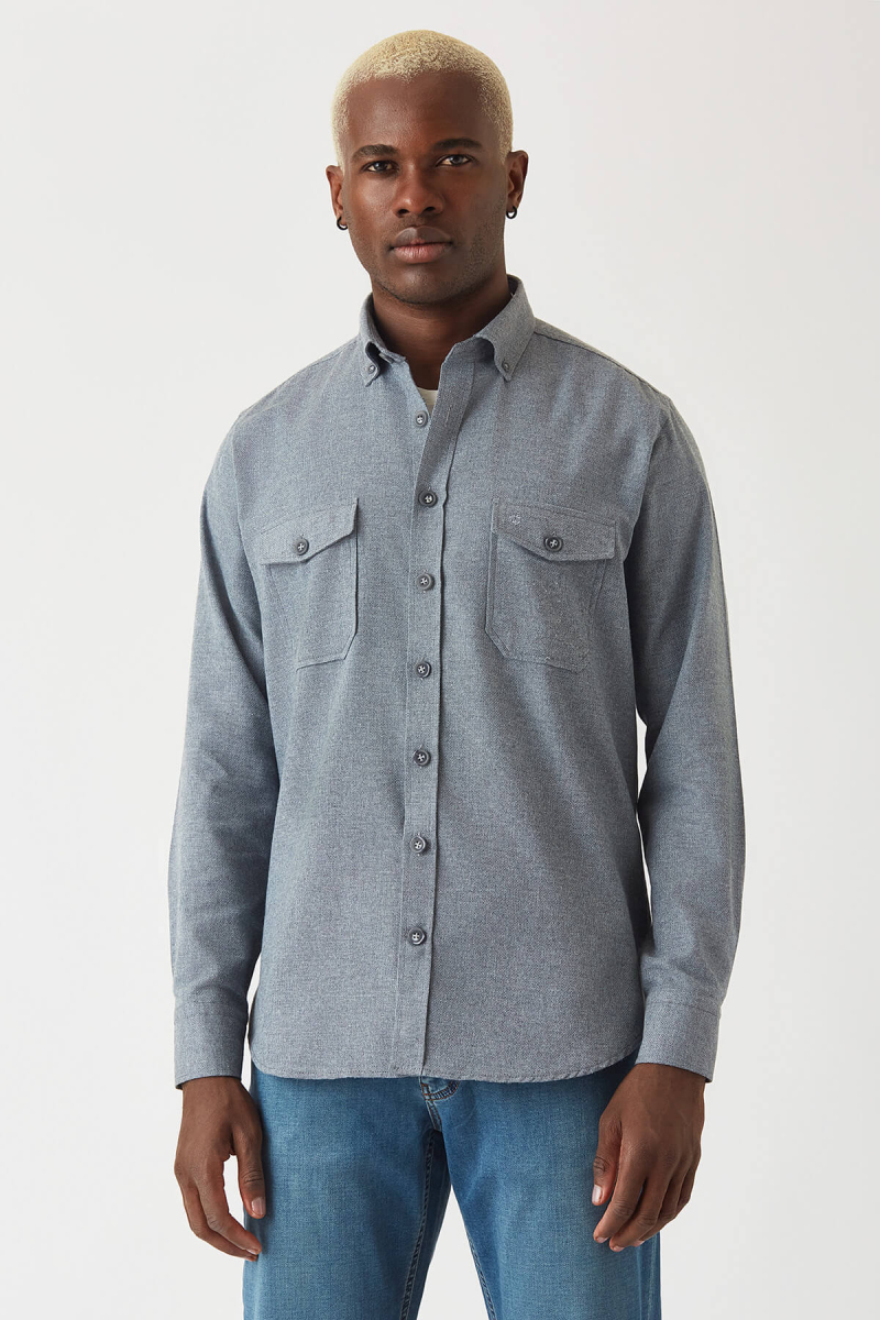 Regular Fit Lacivert Flanel Paşa Yaka Erkek Gömlek - 3