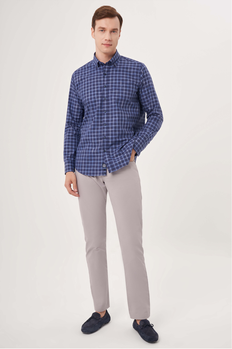 Regular Fit Lacivert Kareli Paşa Yaka Spor Erkek Gömlek - 4