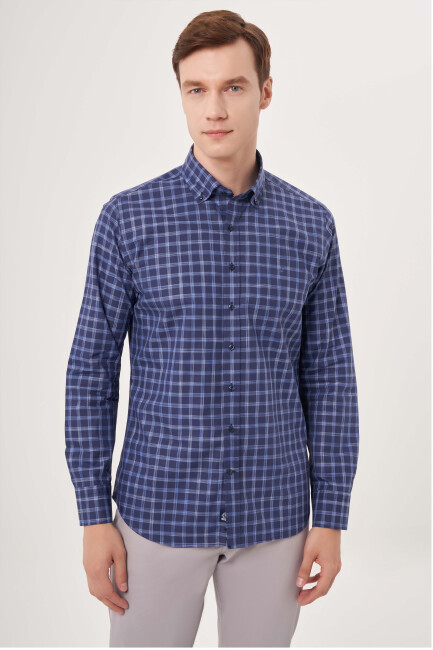 Regular Fit Lacivert Kareli Paşa Yaka Spor Erkek Gömlek - 3