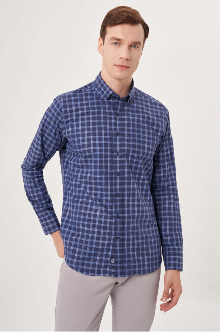 Regular Fit Lacivert Kareli Paşa Yaka Spor Erkek Gömlek - 1