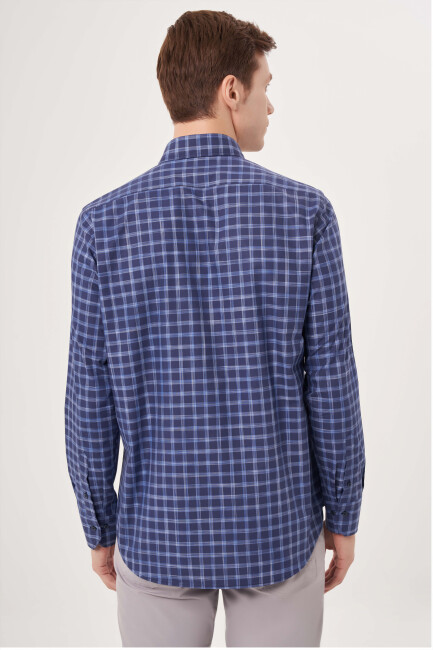 Regular Fit Lacivert Kareli Paşa Yaka Spor Erkek Gömlek - 2